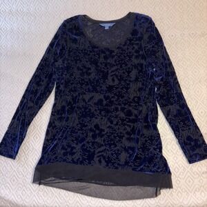 Simply Vera Vera Wang Women's XL BLUE Burnout Velvet Blouse Sheer Hem